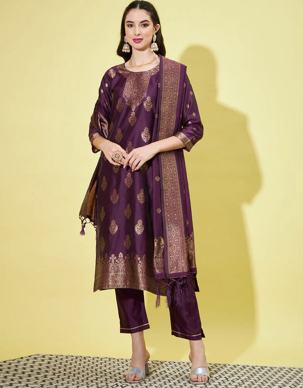 Designer Party Wear Cotton Silk Jacquard Readymade Suit Purple Cotton Silk Jacquard Pant Straight Front View